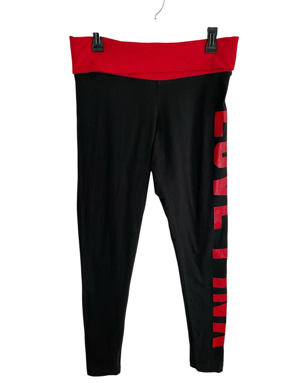 PINK Victoria's Secret Black Leggings with Red Fold-Over Waist Side Logo Size L